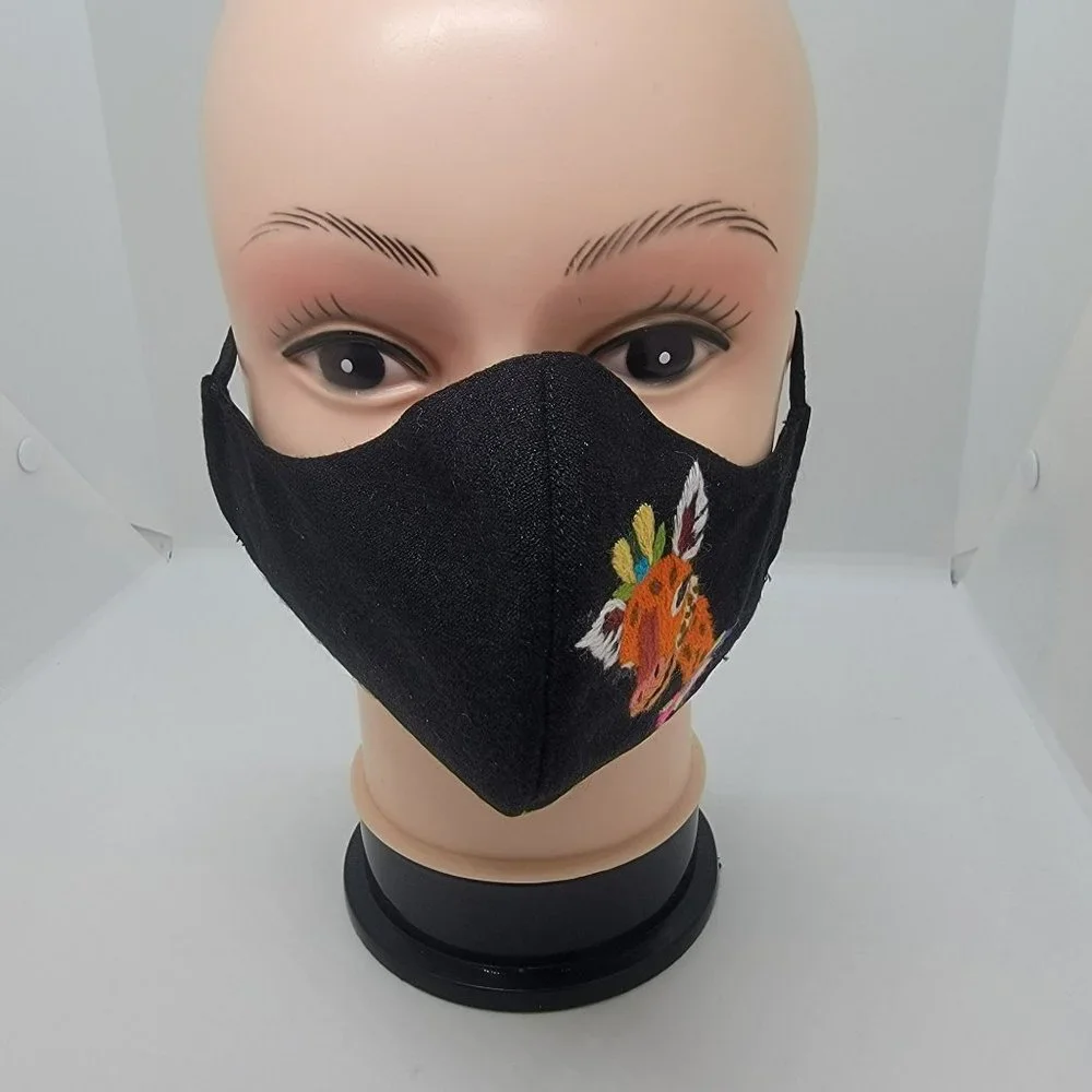 New Face cover ear loop black Mask Women's Embroidered handmade giraffe design